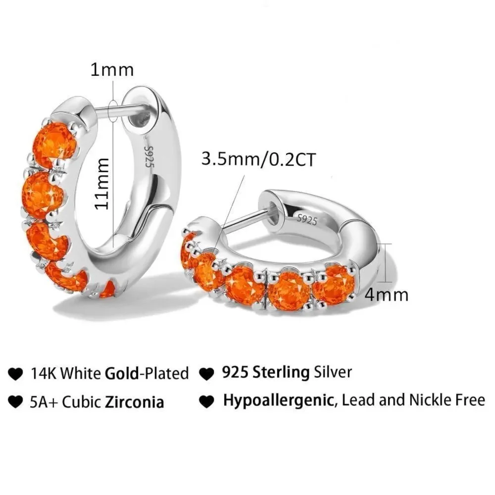 14K White Gold 925 Sterling Silver Orange Citrine Cubic Zirconia Huggie Earrings